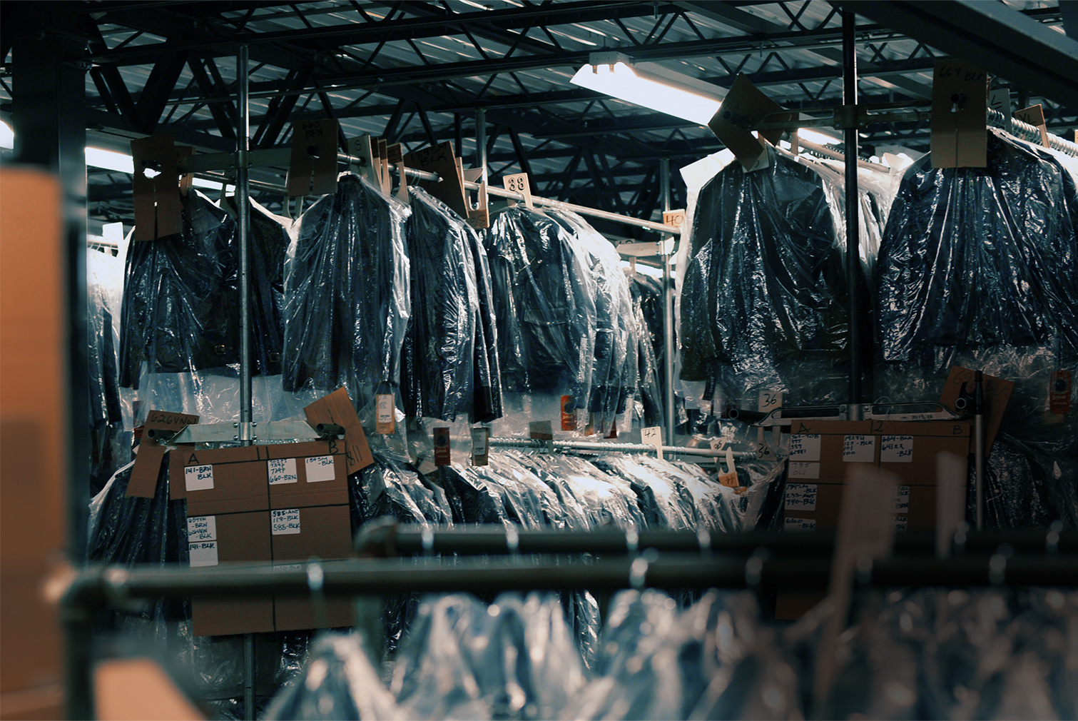 Jackets on hangers in the Schott factory warehouse